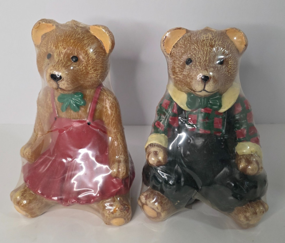Teddy Bear Couple Figural Candles Set Plaid Pink Dress Cottagecore Decor
